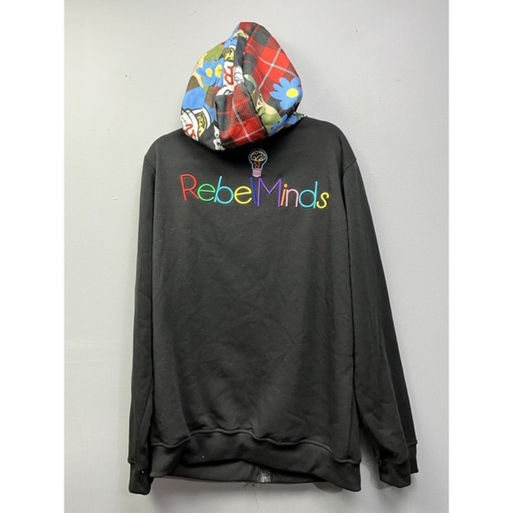 REBEL MINDS Sweatshirt Men's Size XXL Hoodie‎ Full Zip Black Embroidered Pockets